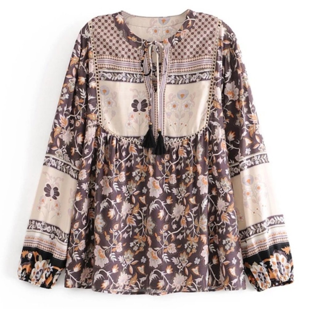 Fall Boho Gypsy Floral Print Peasant Blouse Tan - Picture 4 of 9